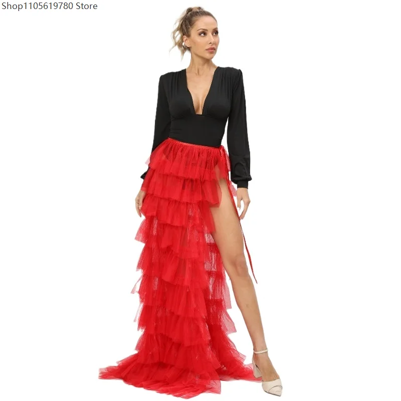 Layered Tulle Bustle Skirt For Women High‑Low Dip Hem Floor Train Ruffle Overlay Tutu Cosplay Role‑Play Burlesque Maxi Costume