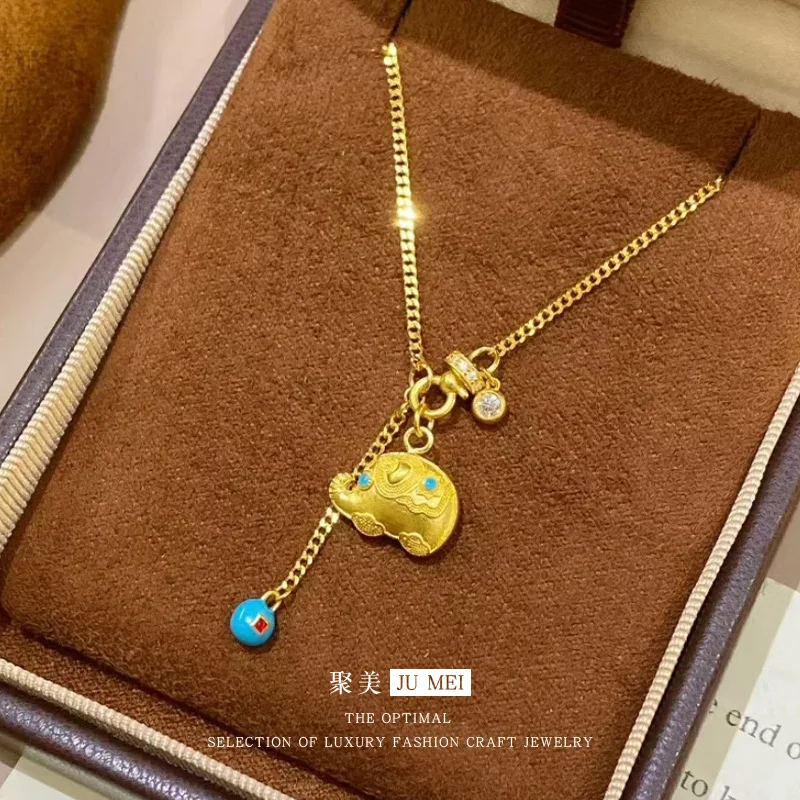Viora Jewelry Dundu Elephant Running Ring 9999 Set of Chain Imitation Turquoise Pendant  for Women Niche Light Luxury 24K Real G