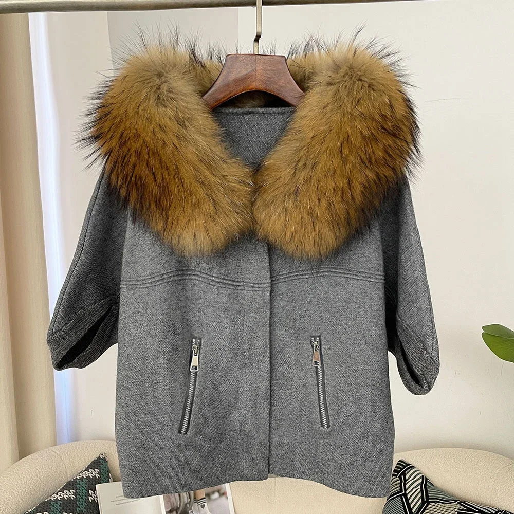OFTBUY Herbst-Oberbekleidung für Damen, Kurze Batwing-Strickjacke mit Echtfuchs-Pelzkragen und -Manschetten, Kurzer Strickmantel für Damen – Detail 22