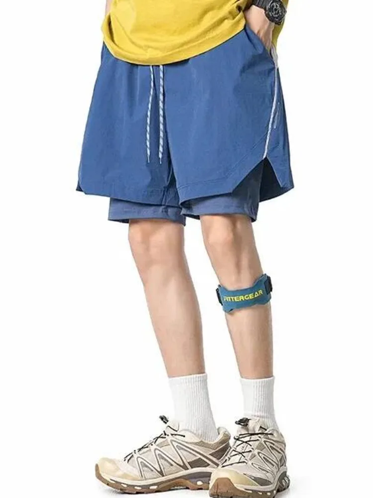 Outdoor Casual Running Sports Men's Shorts Summer Thin Colorblock Loose Wide Leg Fake Two Pieces Knee Length Pants YNHD