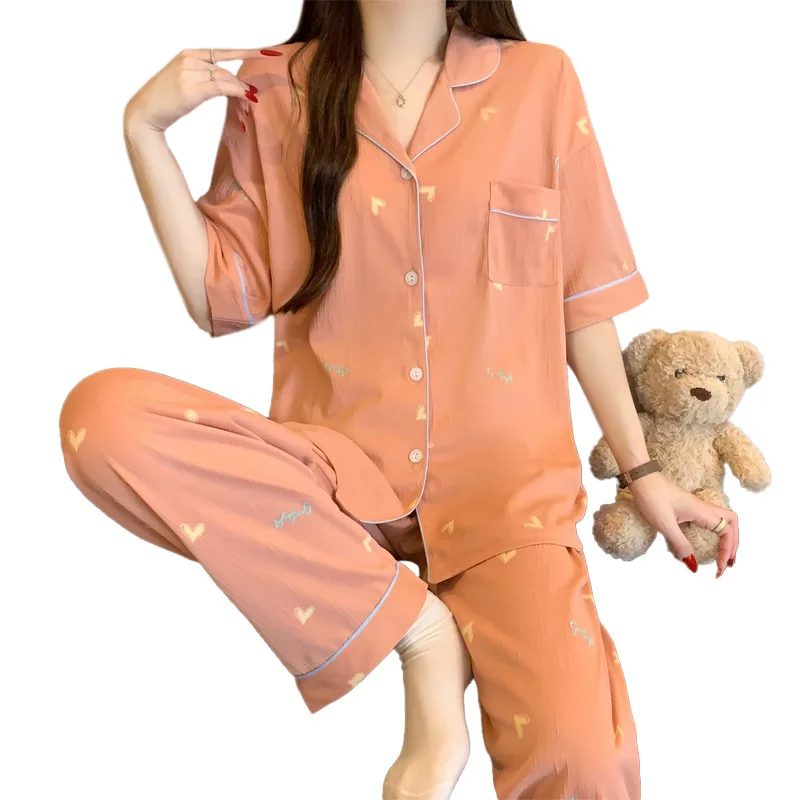 New Arrival Women's Instagram-Worthy Heart-Print Pyjamas Summer Luxury Short-Sleeved Top and Long Trousers Casual Loungewear Set view 5