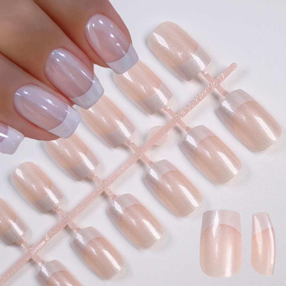 120 قطعة واسعة الأبيض يميل بيرليسسينت الأظافر وهمية للنساء لامعة الفرنسية مربع الصحافة على الأظافر DIY بها بنفسك أنيقة واسعة الفرنسية الأظافر كاذبة