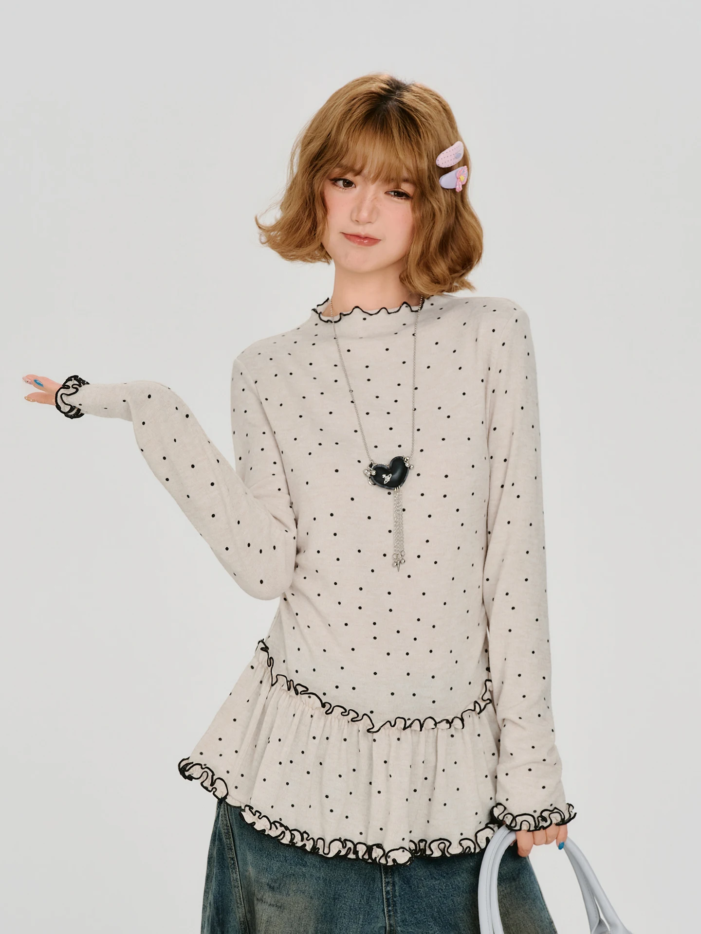 Girlyhalo American Style Polka Dot Long Sleeve T-Shirt Women's Autumn New Semi High Collar Waist Inward Base Shirt Casual Sty...