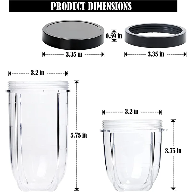 16OZ Replacement Cup and 12OZ Short Cup Fresh Lid Replacement Cups Set Fits for Magic Bullet Blender Cups MB1001