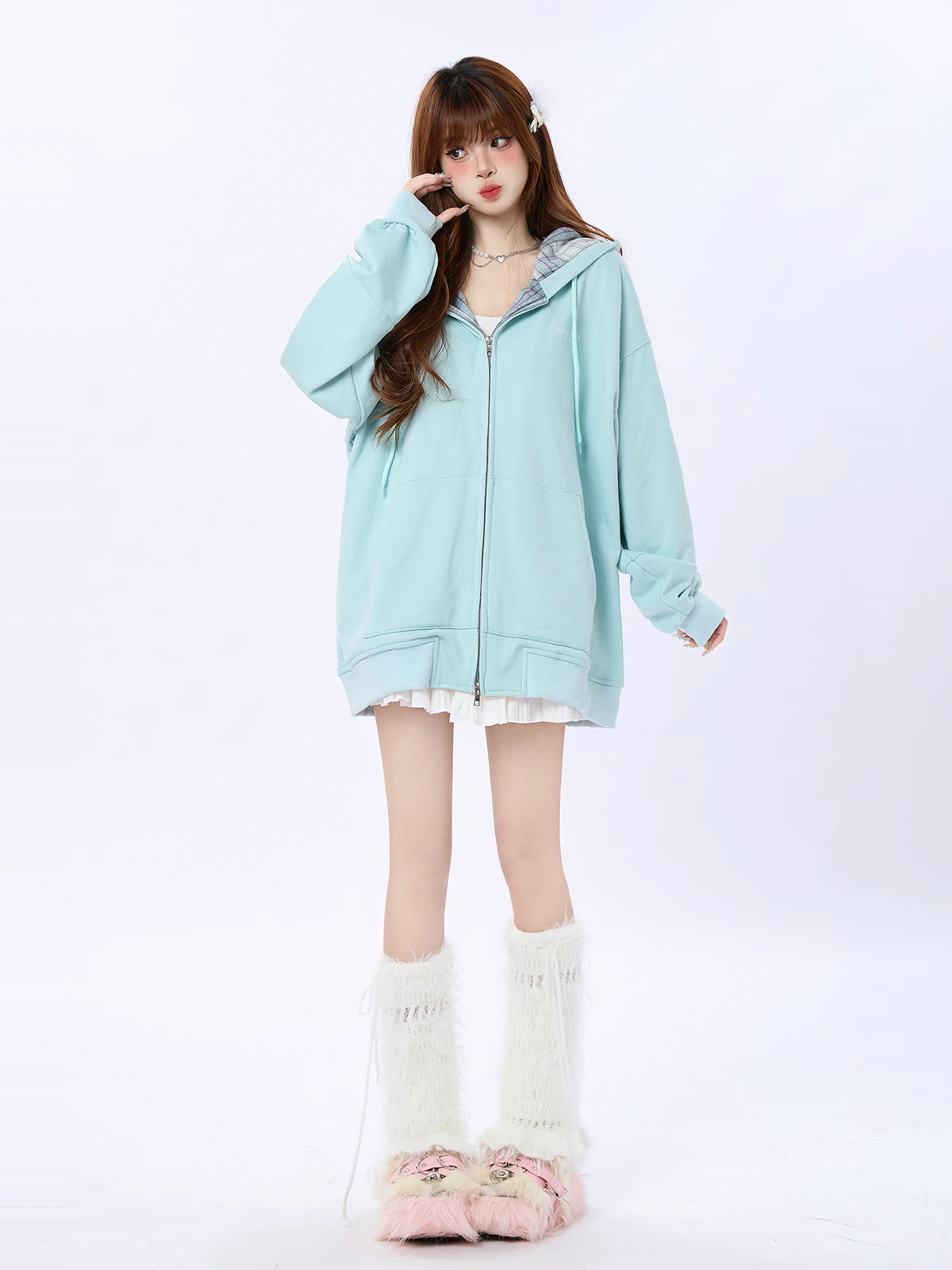 

Mint Green Plaid Hoodie Women's Spring New Loose Casual Open Cardigan Outerwear Long Sleeve Regular Length Loose Fit Hooded