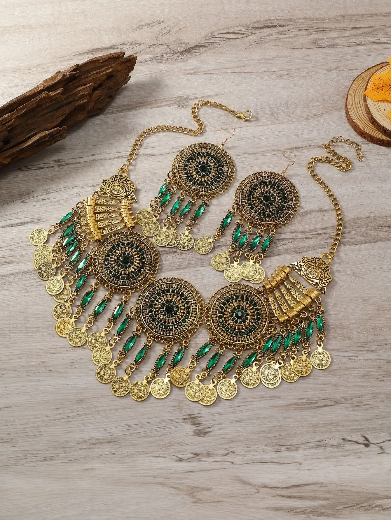 KMVEXO Gypsy Bohemia Chic Vintage Metal Coin Crystal Tassel Jewelry Sets Women Hippie Turkish Ethnic Tribal Necklace Earring Set