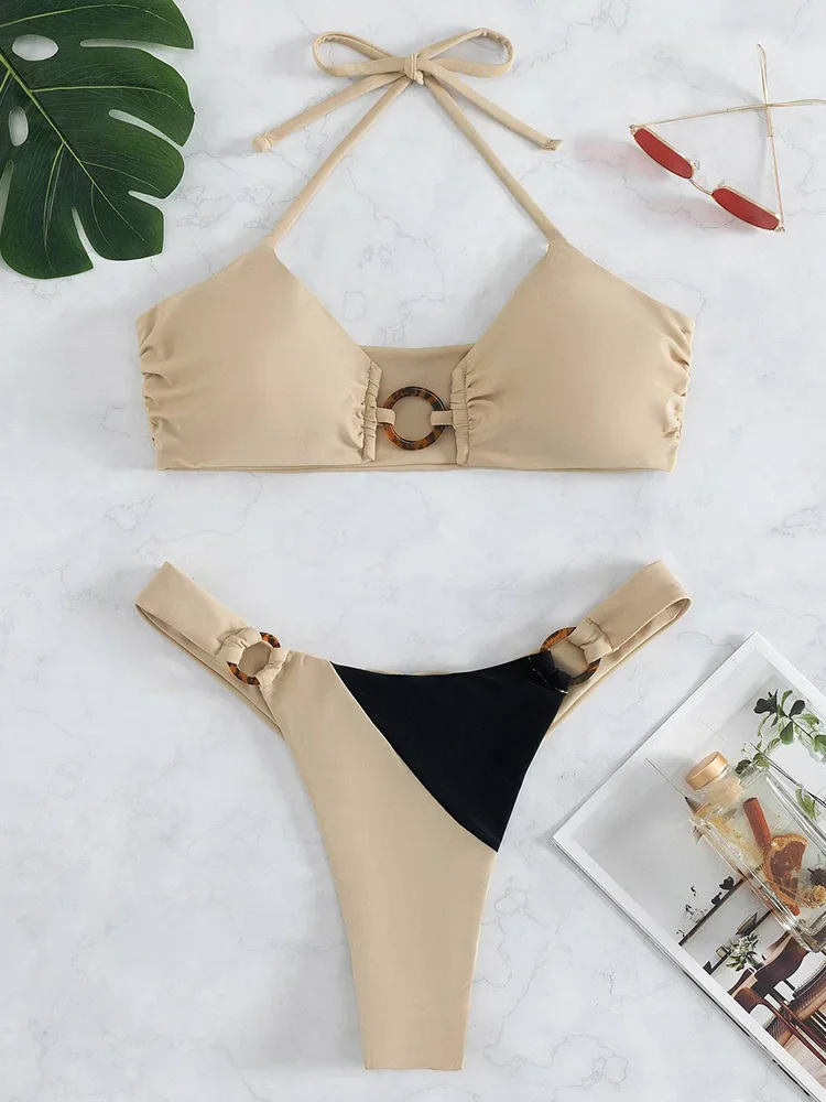 

Splicing Halter Mini Micro Thong Bikini Female Swimsuit Women Thong Swimwear Two-pieces Bikini set Bather Bathing Suit Swim Lady