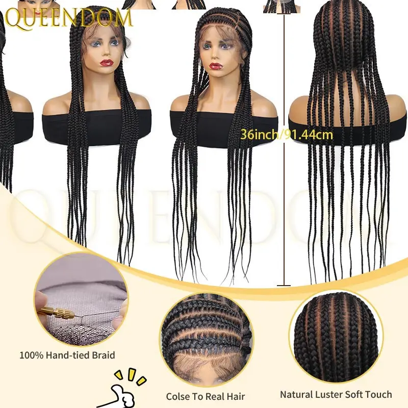 Wig sintetis kepang kotak cornrow ringan 36 inci, wig rambut penuh dengan lace frontal tanpa simpul untuk wanita kulit hitam, cocok untuk kembali ke sekolah