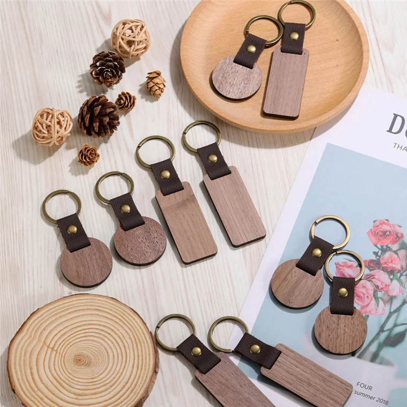 

A21R-26 Pcs Leather Wood Keychain Blanks, Rectangle And Round Blank Wood Engraving Keychain With Leather Strap,For DIY