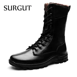 SURGUT High Top Style Snow Boots Men Warm Men Lace Up Tactical Boots Brand Fashion Winter Ankle Boots Leather Outdoor Footwear