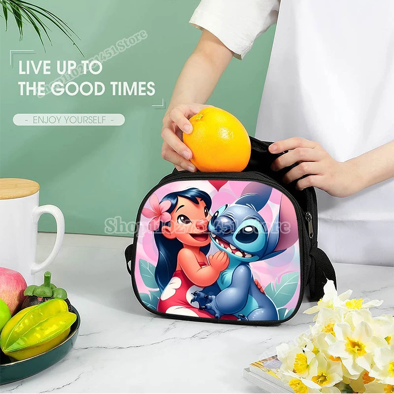 Lilo & Stitch Shoulder Lunch Bag Leakproof Cooler Tote Handbag Portable Thermal Food Bento Picnic Box Adjustable Shoulder Strap