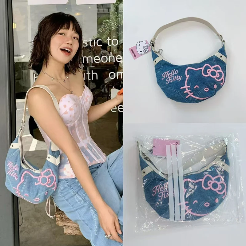 Sanrio Hello Kitty Crescent Bag Cute Shoulder Bag Cartoon Embroidery Print Retro Denim Half Moon Bag Large Capacity Women Gifts