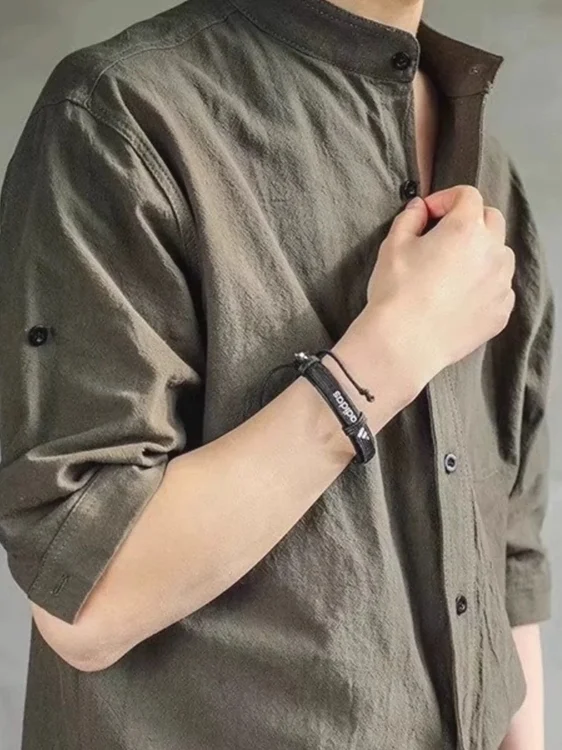 

Slim Fit Cotton Linen Shirt Men's American Retro Short Sleeve Stand Collar Casual Workwear Sun Protection Open Cardigan Light