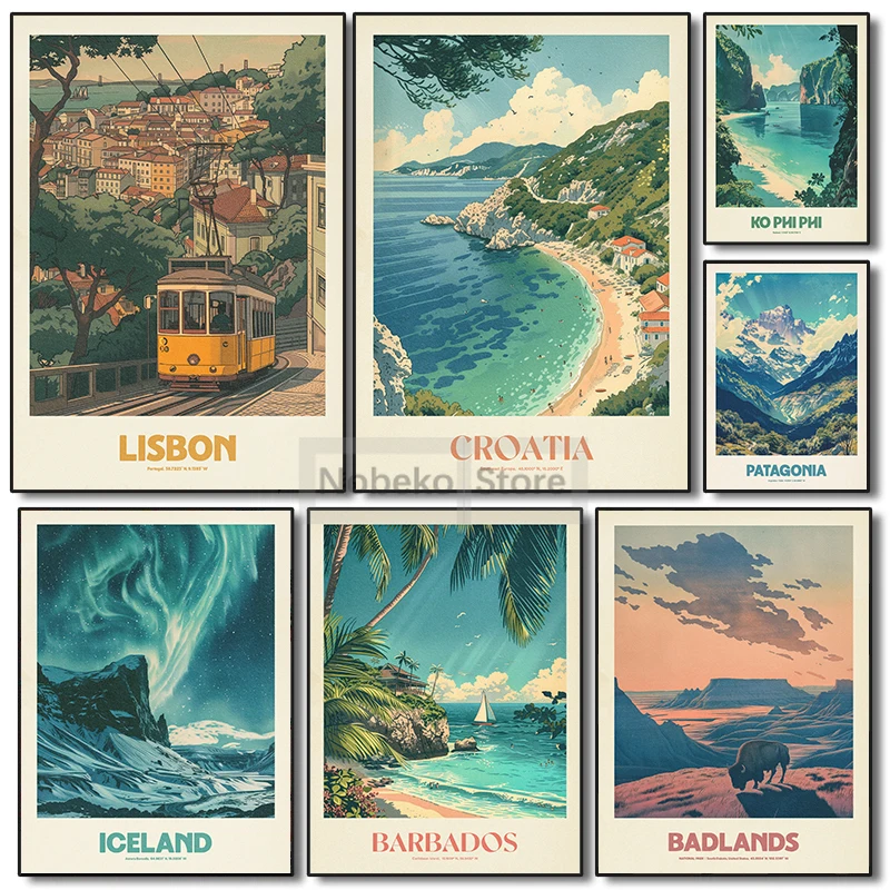 Retro Travel Illustration Posters Landscape Tourism Prints Canvas Painting Wall Art Pictures Home Living Room Vintage Decoration