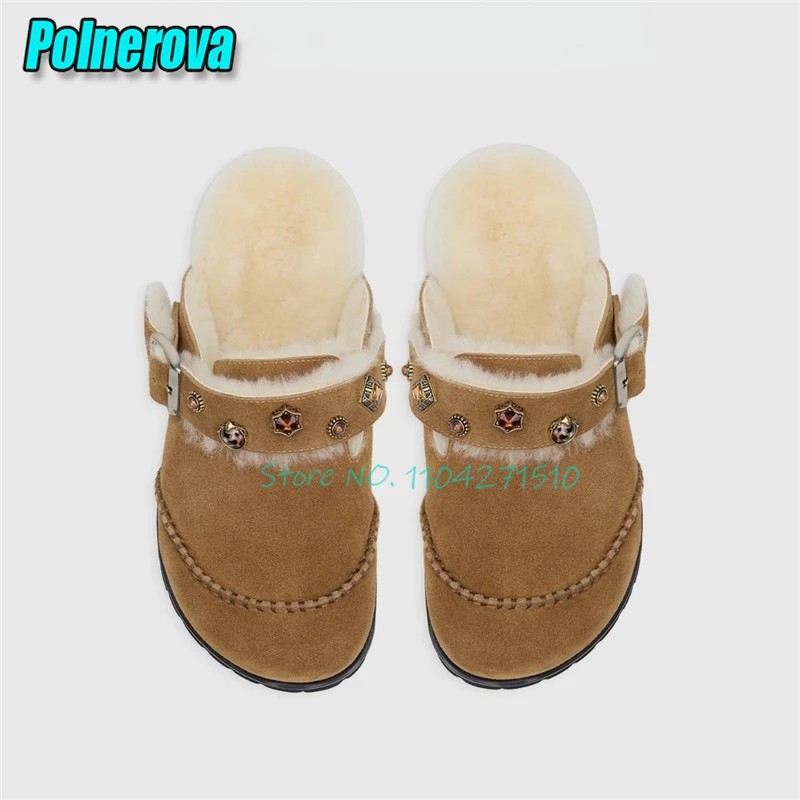 Autumn Winter New Plush Thick Soled Casual Shoes Women's Gemstone Decor Strap Slip-On Half Slippers Frosted Leather Flat Mules