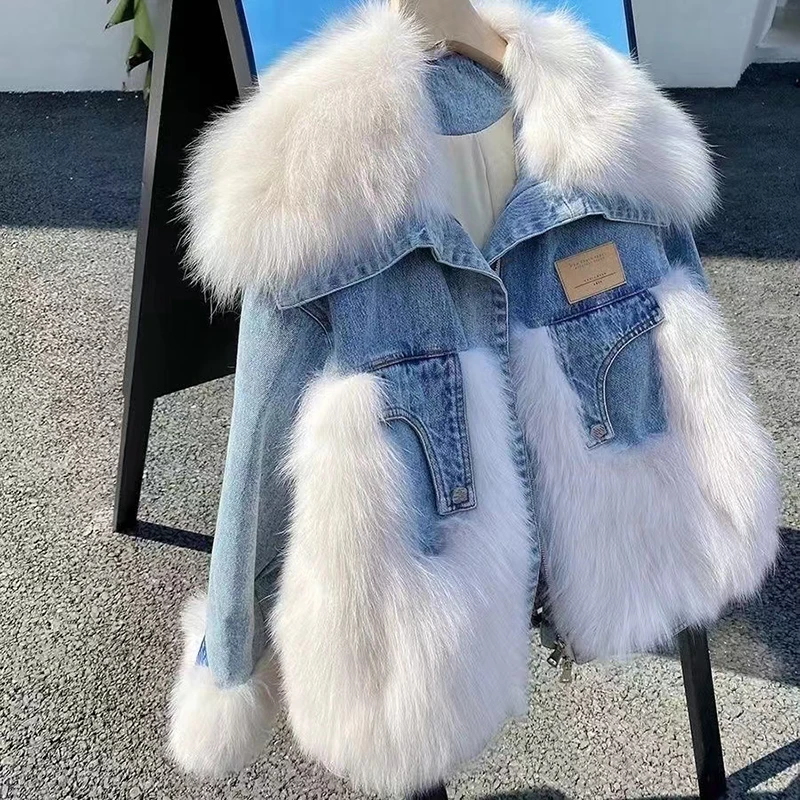 2024 Winter Warm Loose Denim Jacket Women Oversized Fur Collar Plus Velvet Padded Jacket Vintage Cotton Thick Warm Jean Outwear