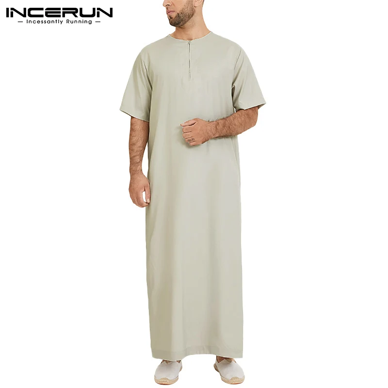 INCERUN 2024 Men\'s Muslim Jubba Thobe Solid Color Vintage Stand Collar Long Sleeve Robes Abaya Casual Male Islamic Arabic Kaftan