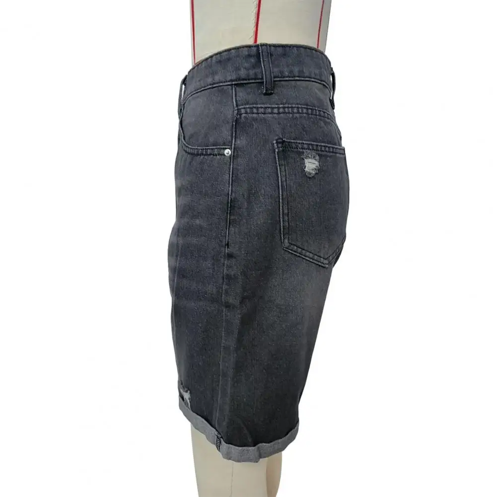 Distressed Denim Shorts Stijlvolle denim shorts met middelhoge taille voor dames Knielange Distressed Jeans met zakken Comfortabel