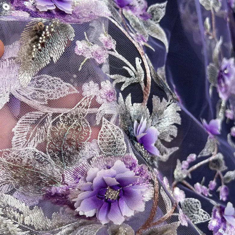 

Beaded and embroidered tulle fabric for performance dresses and high - end dresses width 1.25 meters embroidered tulle fabric