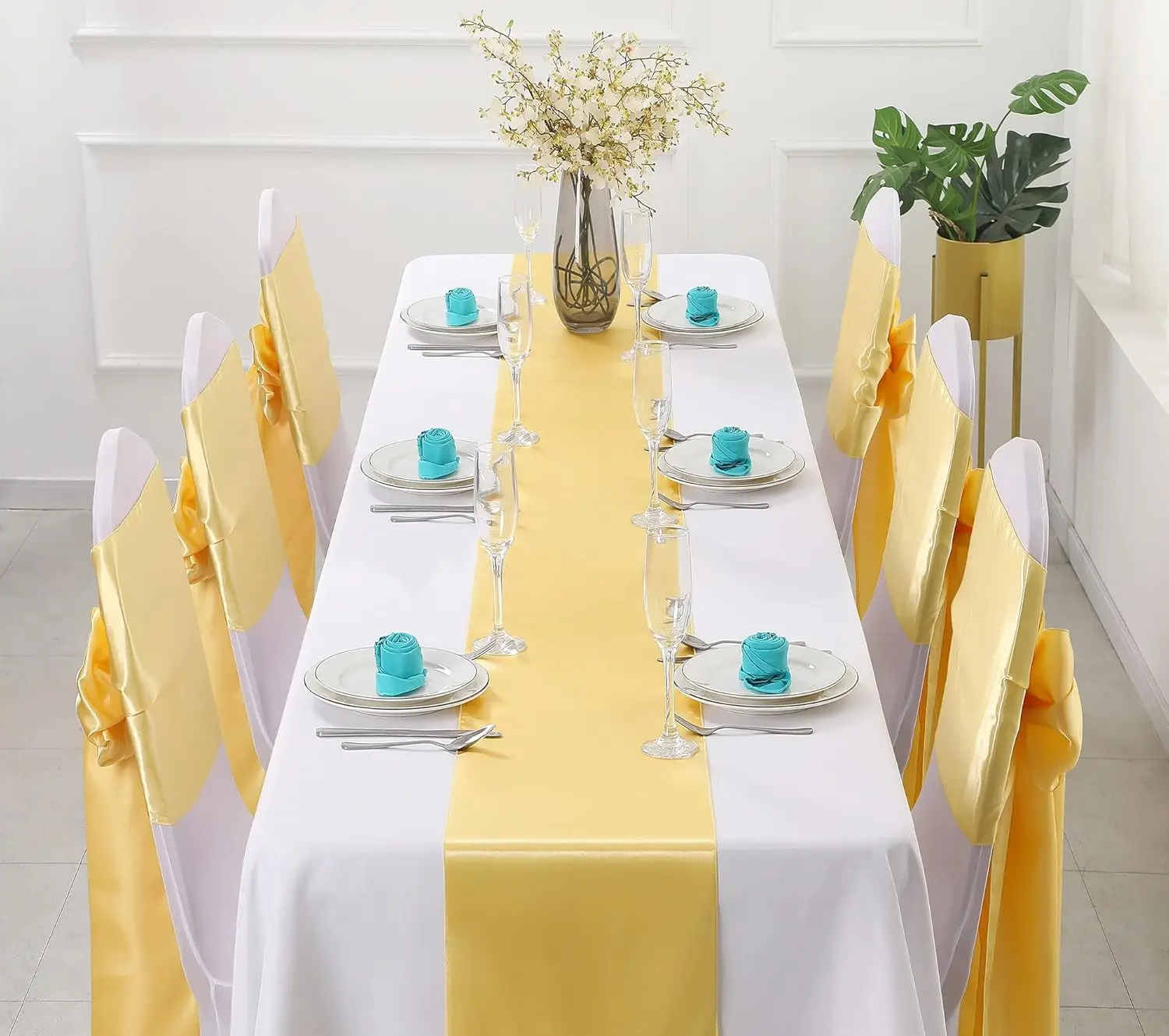 

12 Pack Solid Color Gold Satin Table Runner 12 X 108 Inch, Smooth Table Runners for Wedding Banquets Birthday Party Decoration