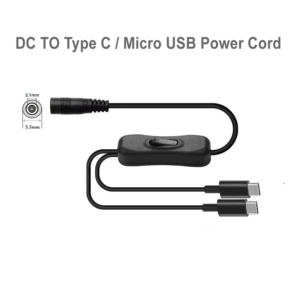 

2 in 1 DC5.5 x 2.1mm to Type-C / Micro USB / USB Adapter Cable With ON/OFF Switch DC Power Female to Male Splitter Charging Cord
