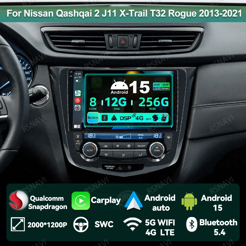 

Car Radio Android 15 For Nissan Qashqai 2 J11 X-Trail T32 Rogue 2013-2021 Head Unit 4G LTE GPS Viedo Player DVD QLED BT DSP AUTO
