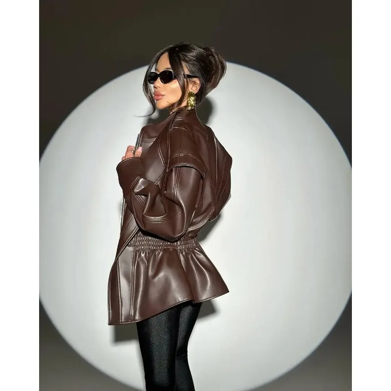 Jaqueta de Couro Vintage com Ombros Largos e Cintura Ajustada para Mulheres, Cor Sólida, Lapela Única, Zíper, Casaco Solto para Uso Diário