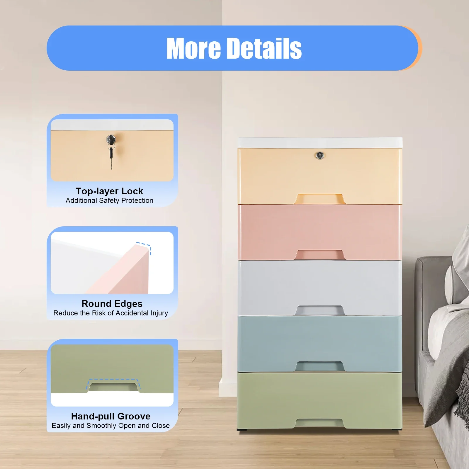 5-Drawer Drawer Tower Plastic Chest Of Drawers with Lock Plastic Clothes Storage Racks Bedroom Storage
