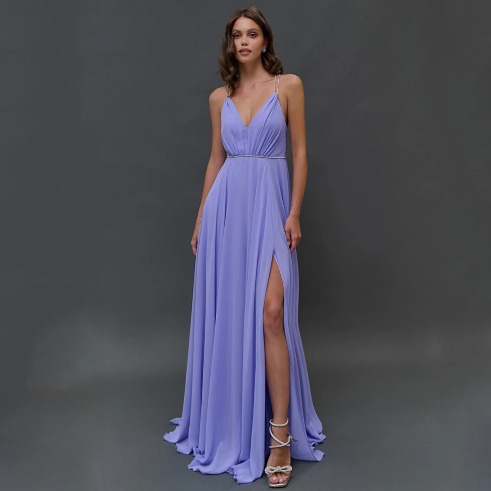 

Simple Lavender Chiffon Evening Dress with Side Slit Customized Pleats Sleeveless Spaghetti Straps A-Line Wedding Party Gowns