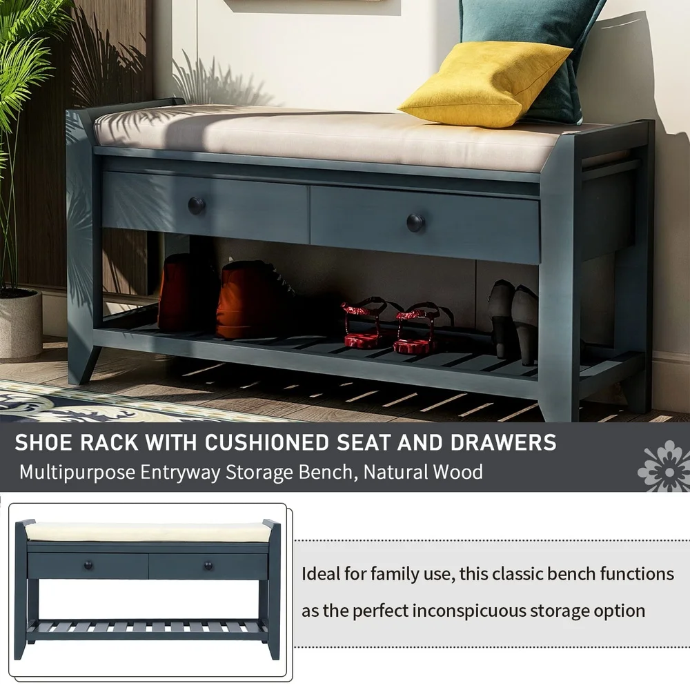 Vintage Storage Bench with 2 Drawers Soft Cushion Entryway Shoe Rack Antique Navy Durable Wood Construction Easy Assembly