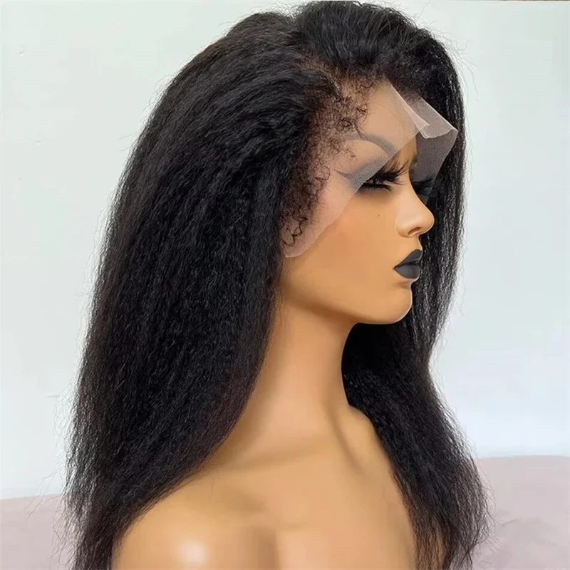 Yaki-Perruque Lace Front Wig Sans Colle pour Femme, Cheveux Crépus Lisses, Noirs, Baby Hair, Densité 180, Degré de Chaleur, Pré-épilée, 03, 26 Pouces