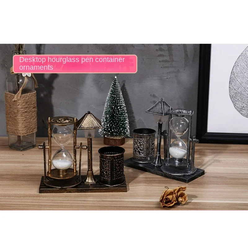 Creative Retro Nightlight Nostalgic Pen Holder Quicksand Hourglass Tabletop Decoration Student Friend Children Graduation Gift