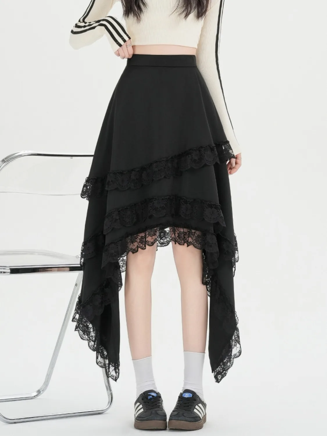 

Асимметричная юбка А-силуэта с завышенной талией и кружевной отделкой для женщин, весна-лето, новая коллекция, корейский стиль, стройнящая, драпированная