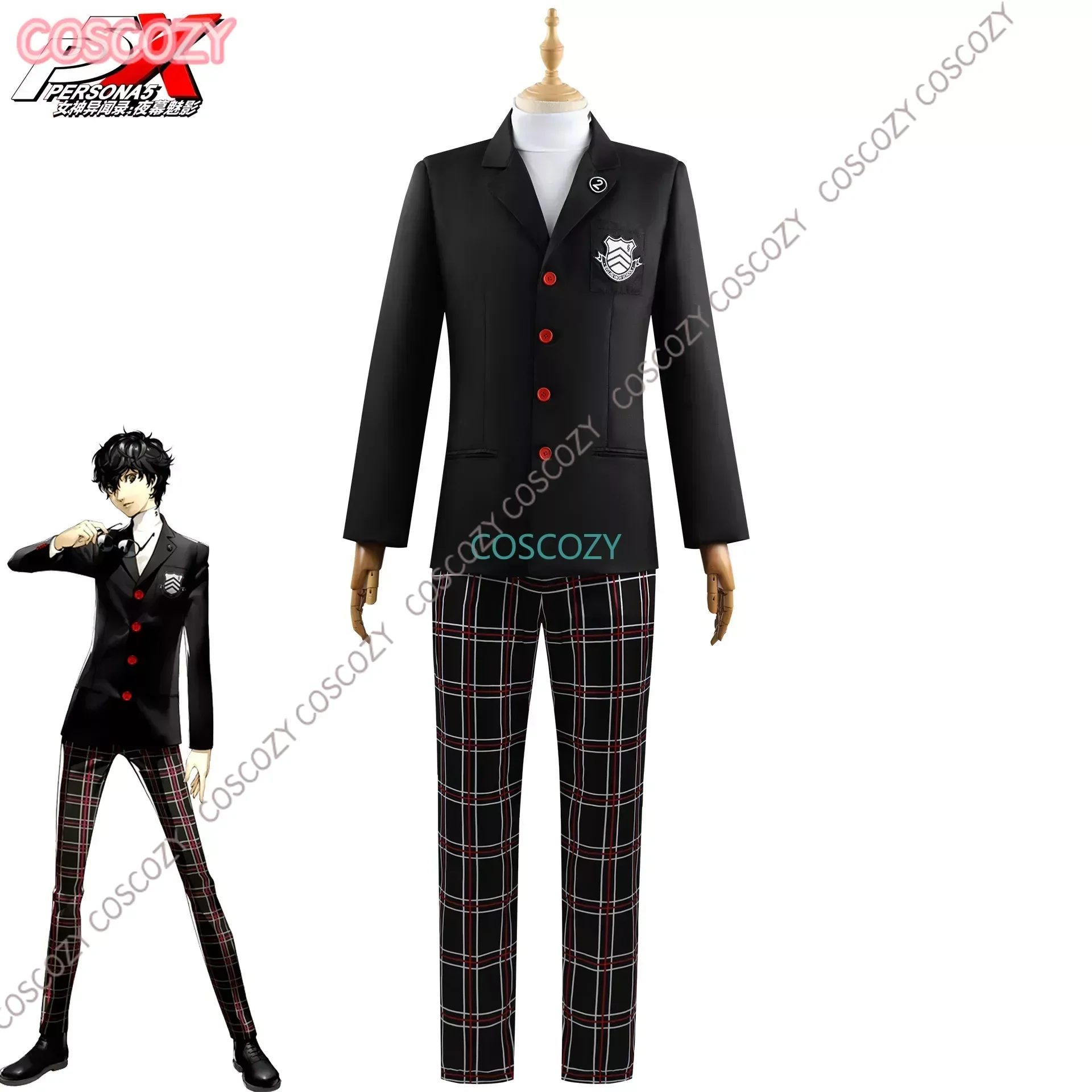 Ren Amamiya Akira Kurusu Cosplay Kostüm Perücke Brille Spiel Persona 5, Herren Damen Schuluniform Halloween Convention Party Outfit