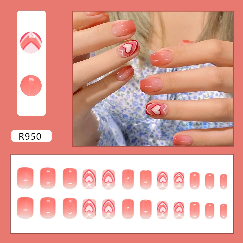 24 шт., короткие квадратные накладные ногти для милых девочек, градиентные малиновые розовые ногти с узором в виде сердца любви, пресс на ногти, темперамент, носимый маникюр