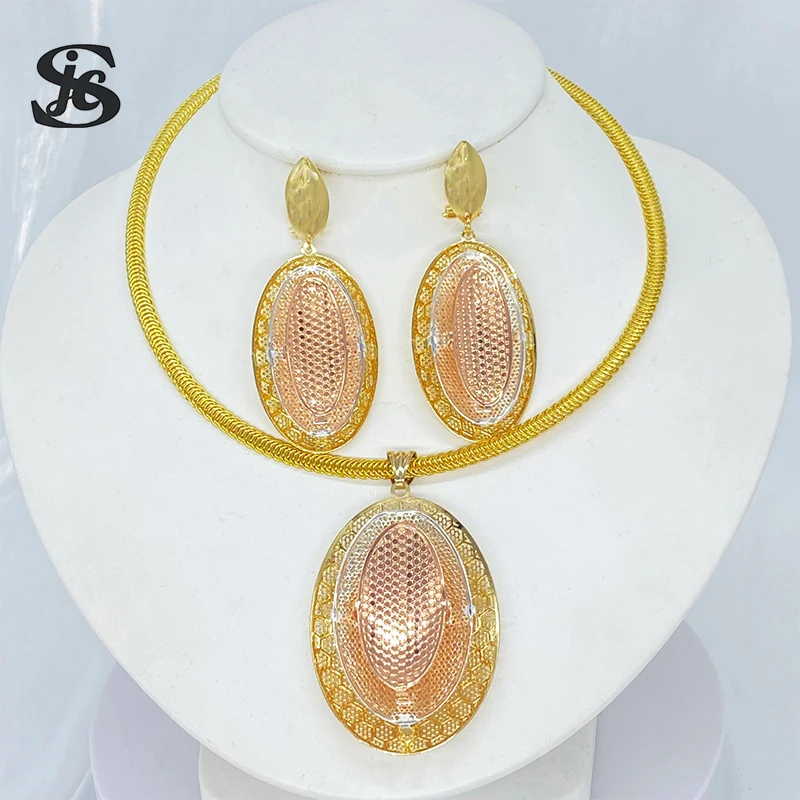 Dubai Fashion Jewelry Set Big Earrings Round Shape Trendy&Luxury Necklace Tricolor Set For Women Wedding Party Anniversary Gift