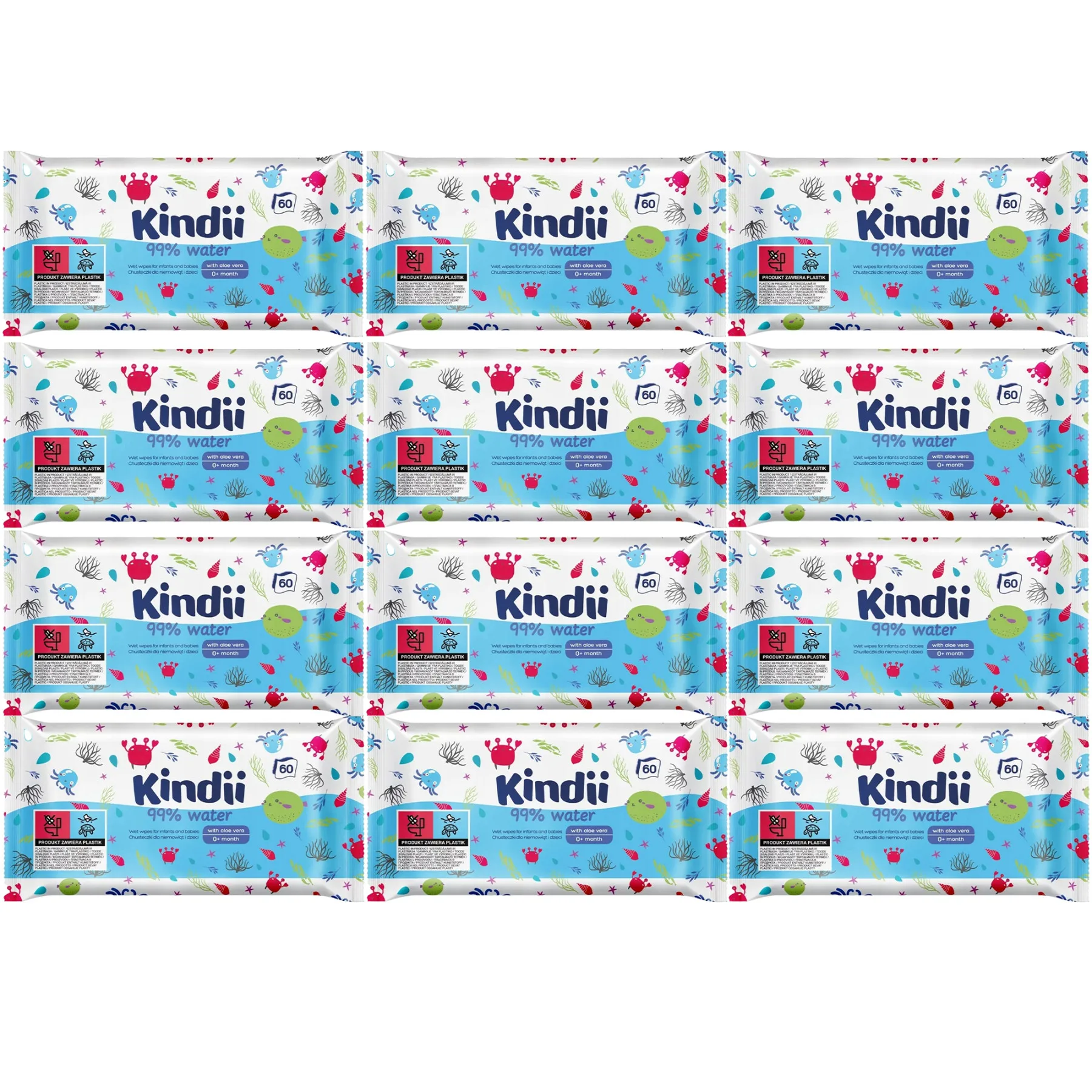 Chusteczki nawilżane dla niemowląt i dzieci Kindii 99% WODA AloeVera 12szt