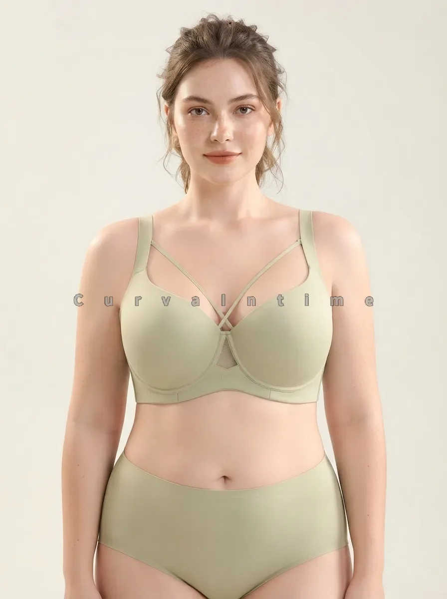 Solid Seamless Plus Size Bra Set Front Criss Cross Underwire Big Bust Support Same Color Panties 2 Pieces B C D E F G H I J Cup