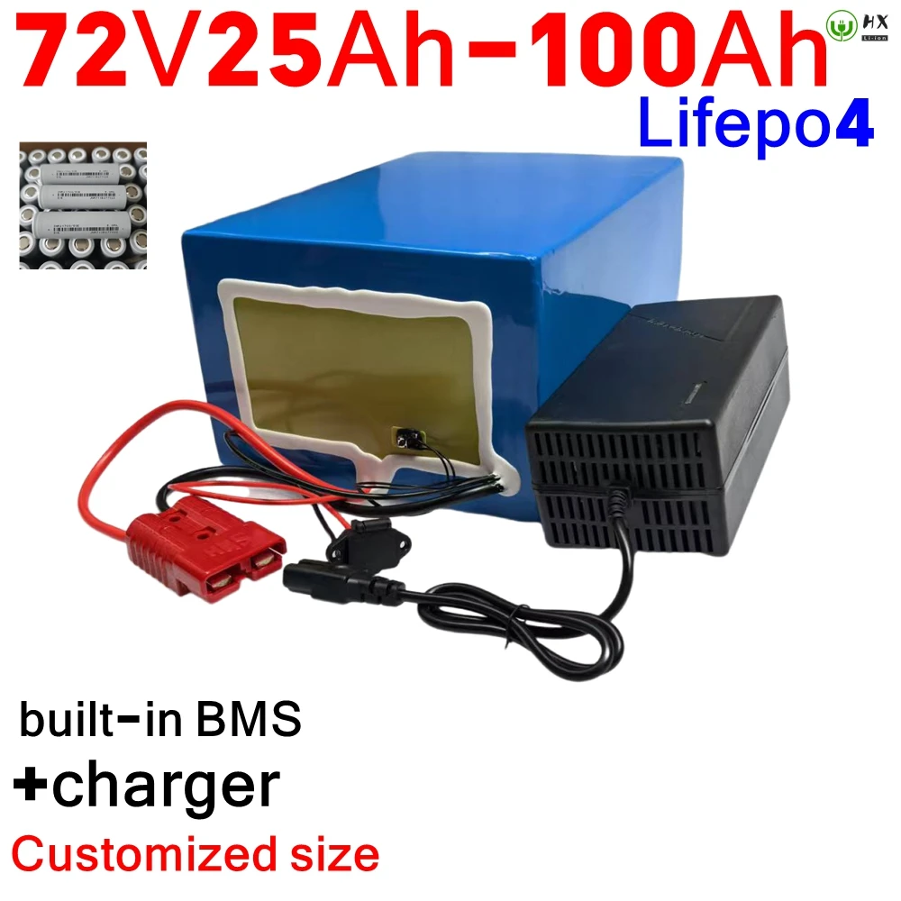 

Batterie au lithium Lifepo4 avec charger, 72V, 50Ah, 60Ah, 40Ah, 100Ah, 80Ah, BMS pour scooter, vélo électrique, moto, 3000W