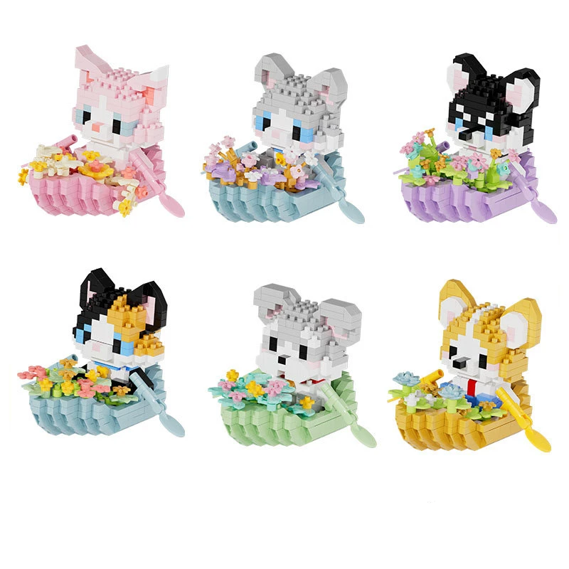 

Cartoon animal boat building block model flower boat puppy and kitten pet assembly toys DIY casual assembly game