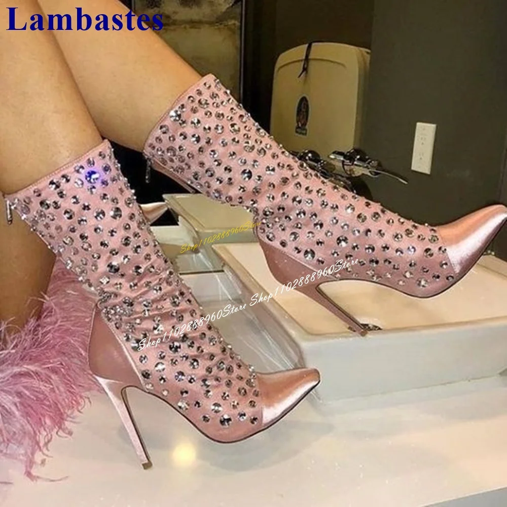 

Sparkling Mid Calf Pink Splicing Crystal Decor Boots Thin High Heel Women Shoes Back Zipper Pointed Toe 2024 Zapatos Para Mujere