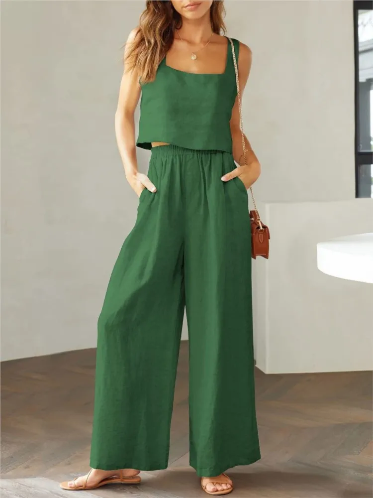 Fashion Square Collar Halters Vest Wide Leg Trousers Suit Women Summer Casual Simple Sleeveless Solid ColorTop Female 2piece Set