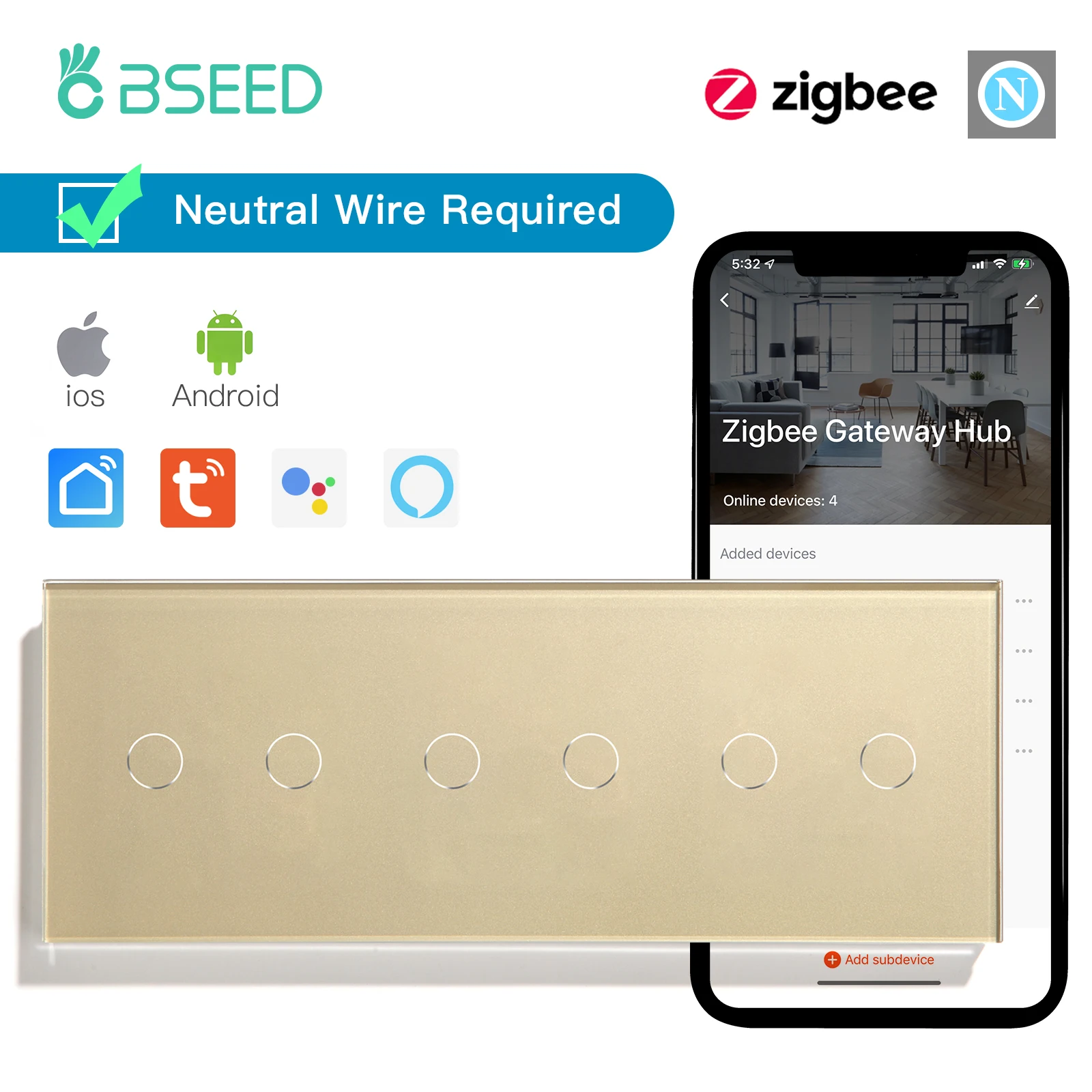 Besamen ZigBee Smart Switch Triple/9gang 2way Smart Touch Lichtsc halter Fernbedienung von Tuya Smart Life Google Home mit Neutral leiter