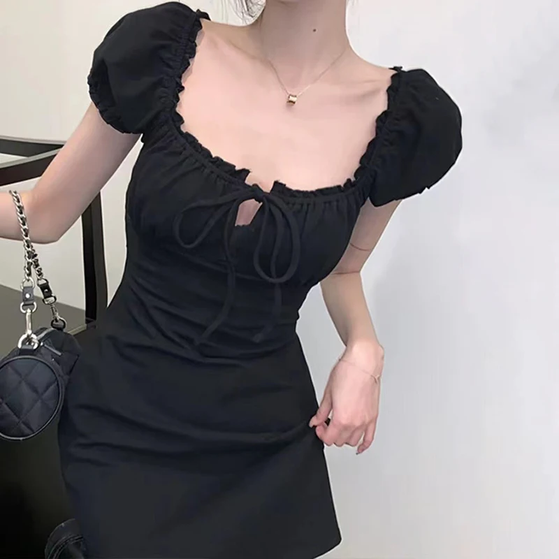 Sexy Black Dress Women Elegant Vintage Puff Sleeve Square Collar Mini Dresses