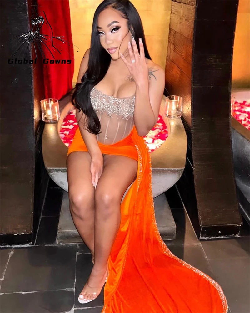 

Orange Sexy Short Prom Dresses 2025 Black Girls Velvet Crystal Beads Pearls Party Cocktail Dress Robe De Bal Custom Lace-Up Back