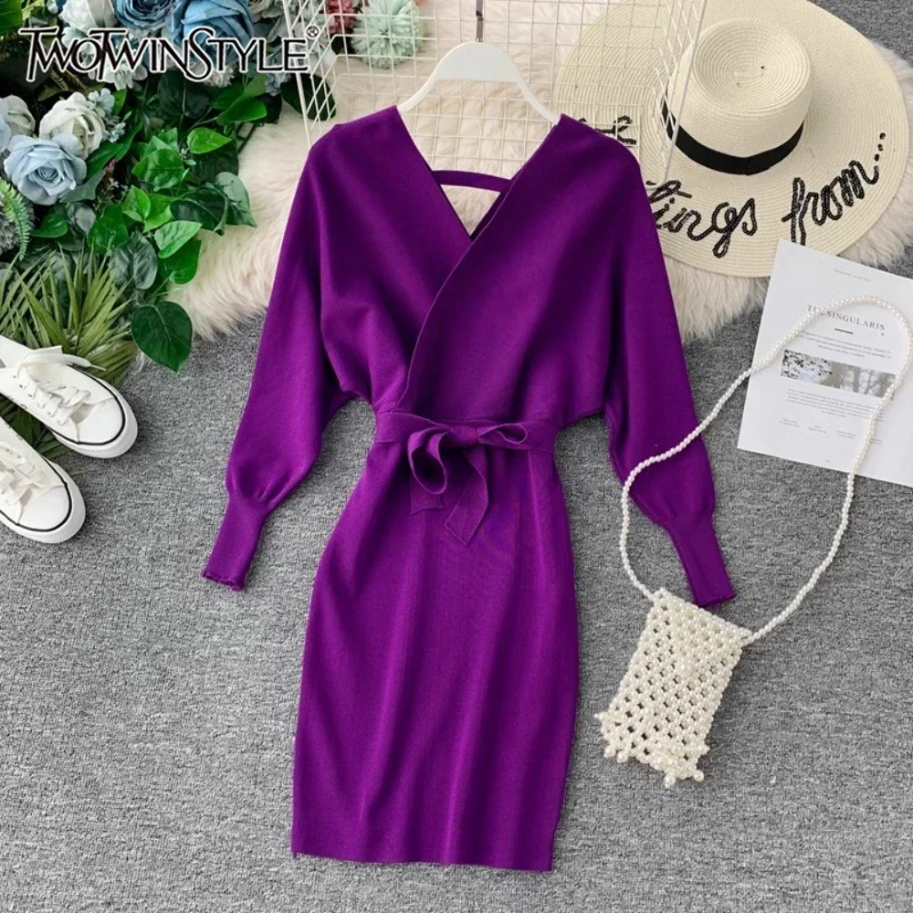 TWOTWINSTYLE Solid Casual Dress For Women V Neck Long Sleeve Patchwork Sashes Knitted Slimming Dress Female Fashion KDR523834