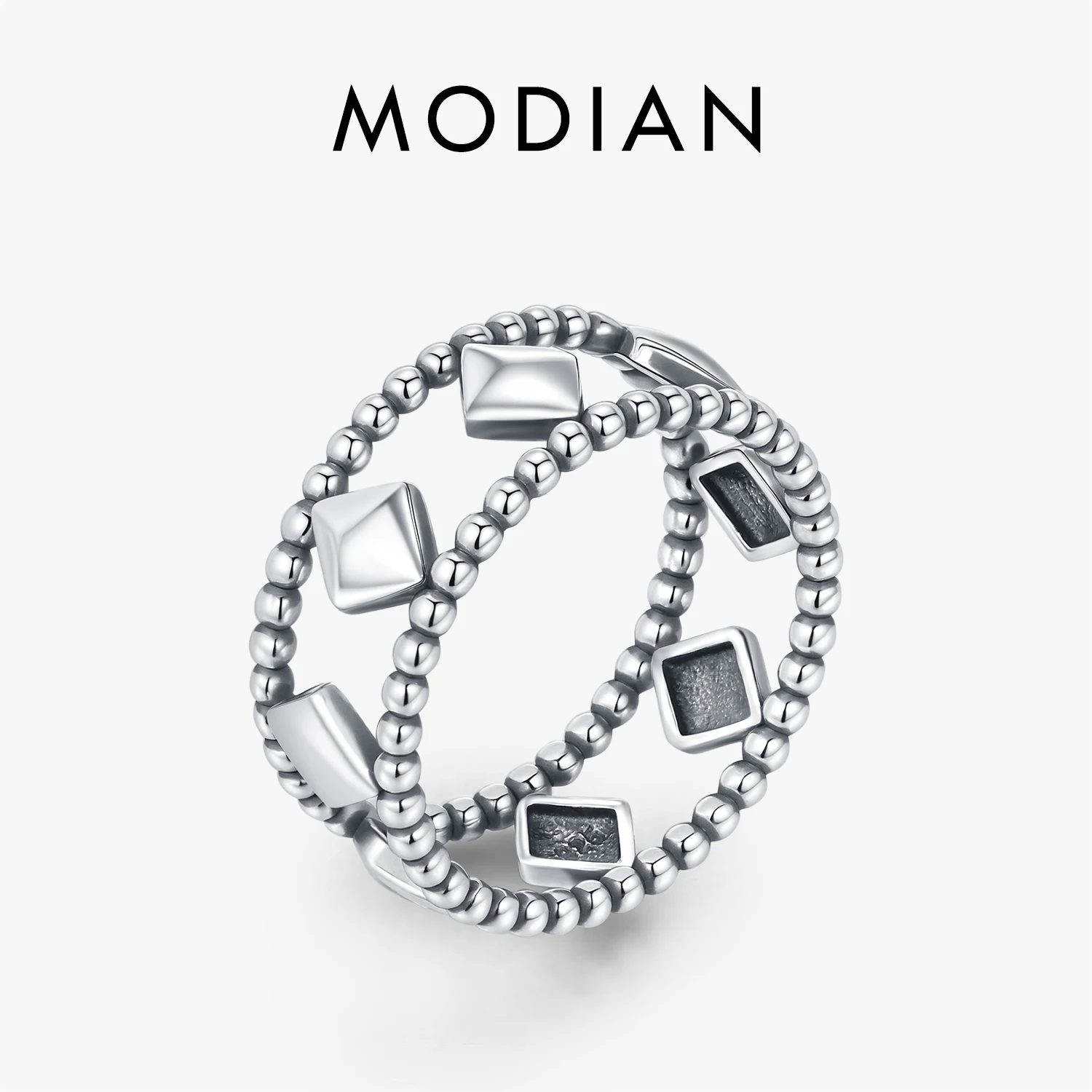 

MODIAN 925 Sterling Silver Retro Beaded Ring Exquisite lozenge Finger Rings For Women Fine Jewelry Accessories