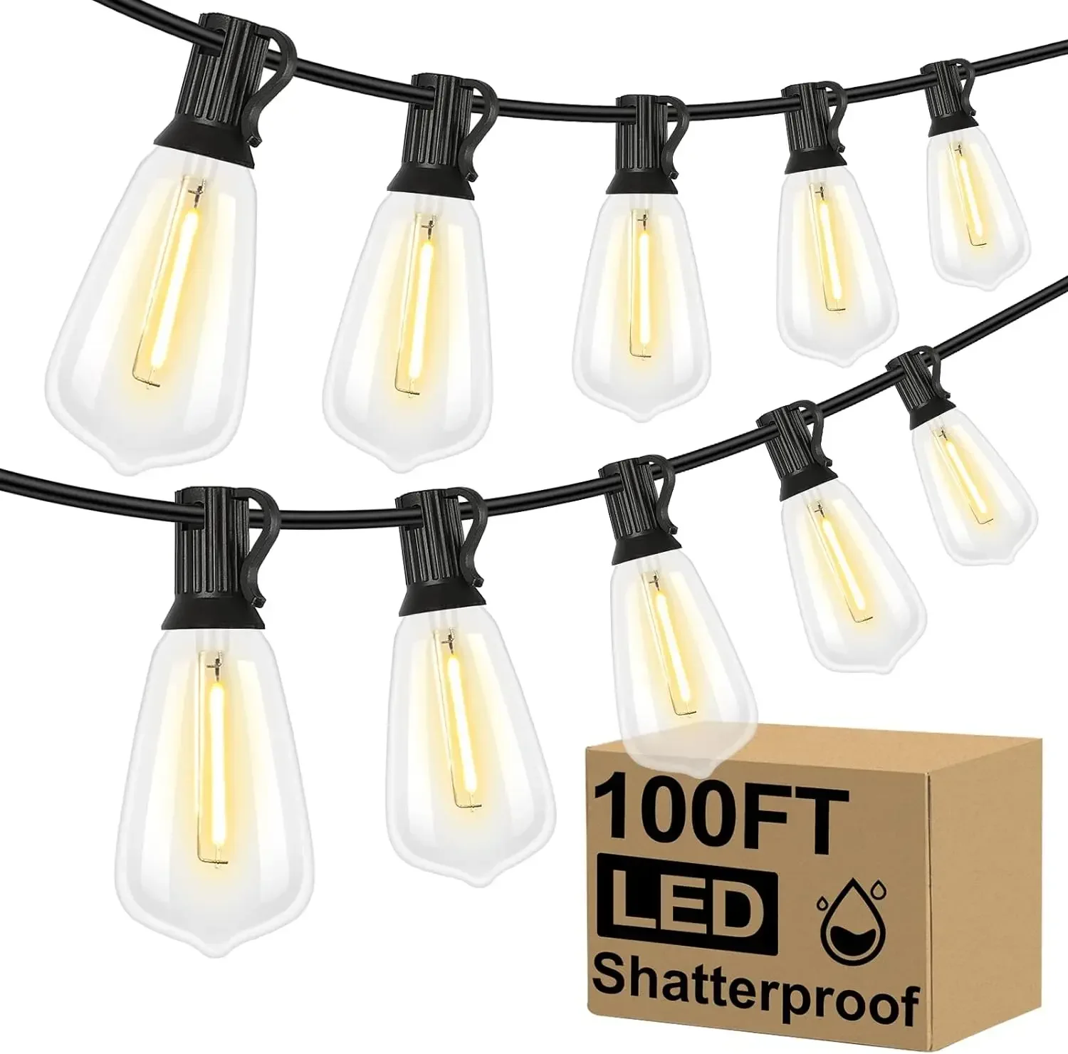 

LED Outdoor String Lights 100FT Patio Lights with 52 Shatterproof ST38 Vintage Edison Bulbs, Outside Hanging Lights Waterproof