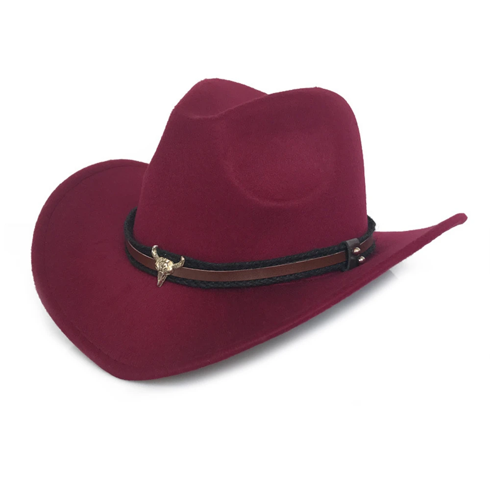 

Burgundy Western Cowboy Hat Women Men Cow Gentleman Jazz Cap Vintage Autumn Winter Elegant Lady Cowgirl Hats Red Brown Black