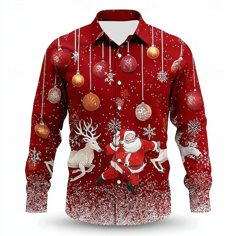 2025 جديد رجل عيد الميلاد الرنة تحت عنوان قميص ثلاثية الأبعاد الكرة الزخرفية طباعة تصميم لعوب زر أسفل طوق احتفالي كم طويل